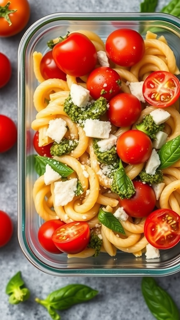 A colorful pasta salad with pesto, cherry tomatoes, and basil in a glass container.