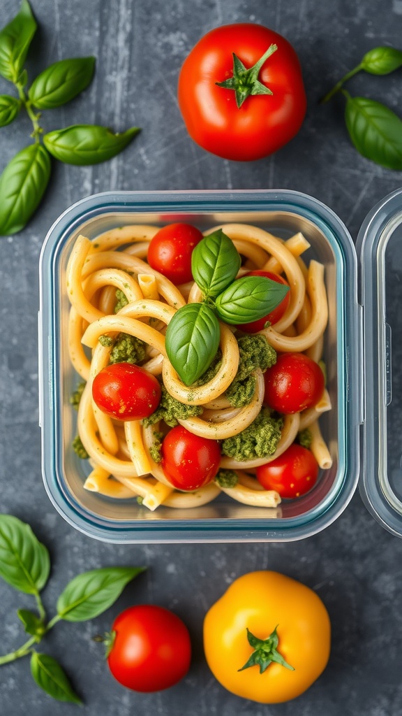 A colorful pasta salad with pesto and cherry tomatoes in a lunchbox, surrounded by fresh tomatoes and basil leaves.