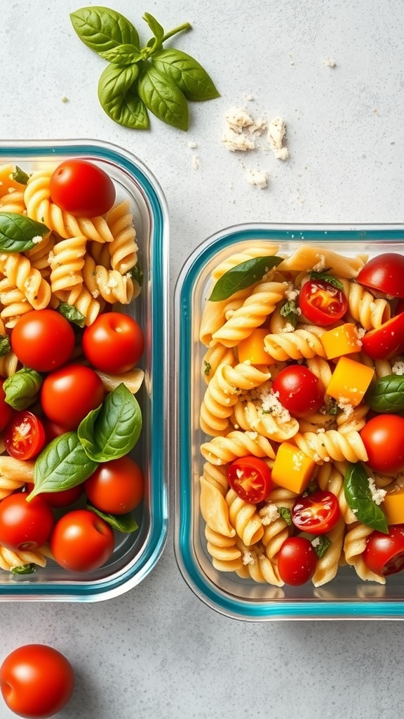 Two containers of pasta salad with cherry tomatoes and basil