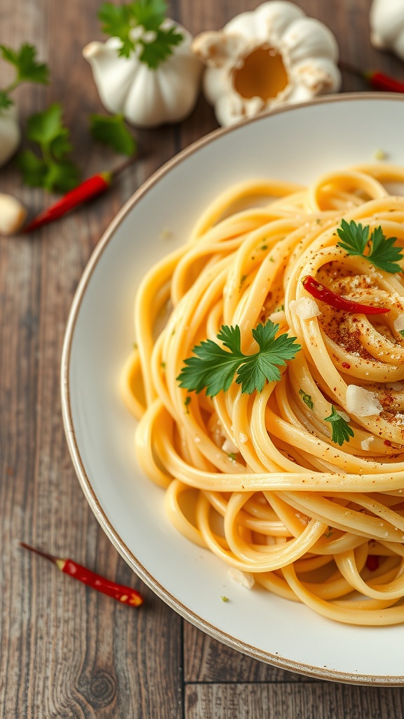 A plate of spaghetti with garlic and olive oil, garnished with parsley and red pepper flakes.