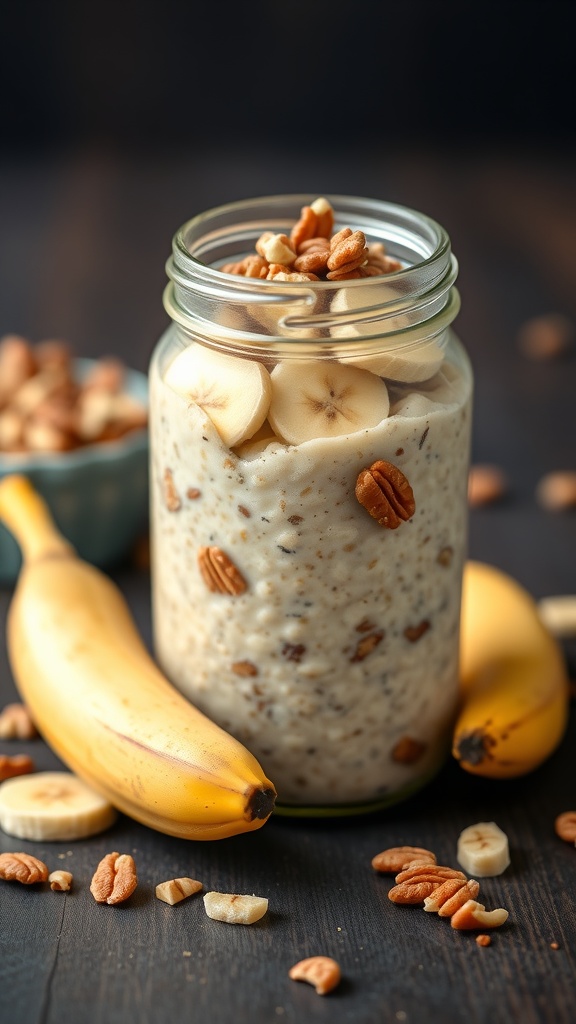 A jar of peanut butter and banana overnight oats topped with nuts, alongside fresh bananas.