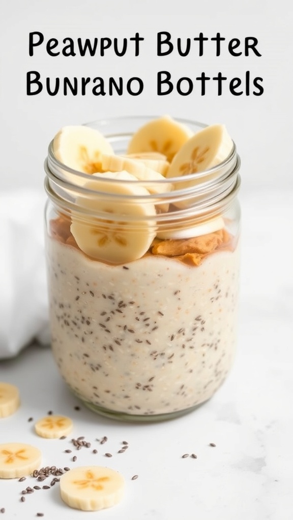 A jar of peanut butter banana overnight oats with banana slices on top