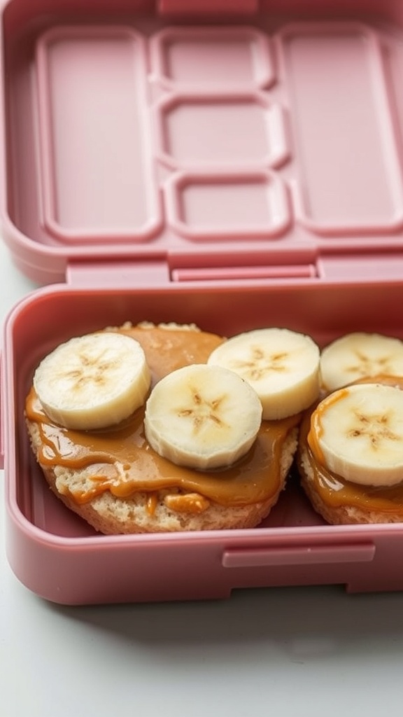 Peanut butter and banana rice cakes in a pink lunchbox.