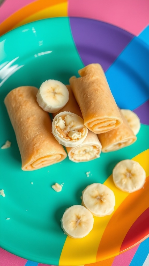 Colorful peanut butter banana roll-ups on a plate with sliced bananas.