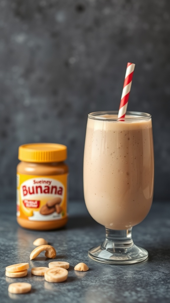 A glass of peanut butter banana smoothie with a jar of peanut butter and banana slices beside it.