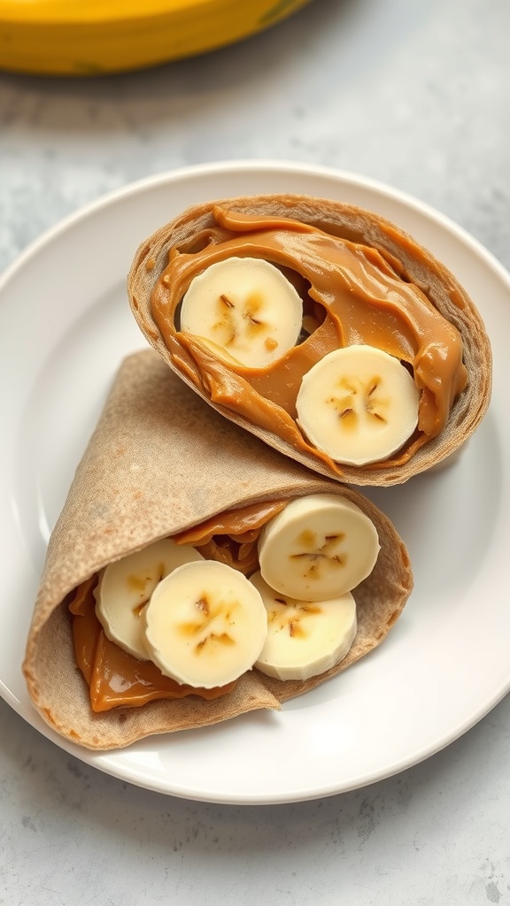 A plate with two peanut butter banana wraps, one cut in half, showcasing the banana slices inside.