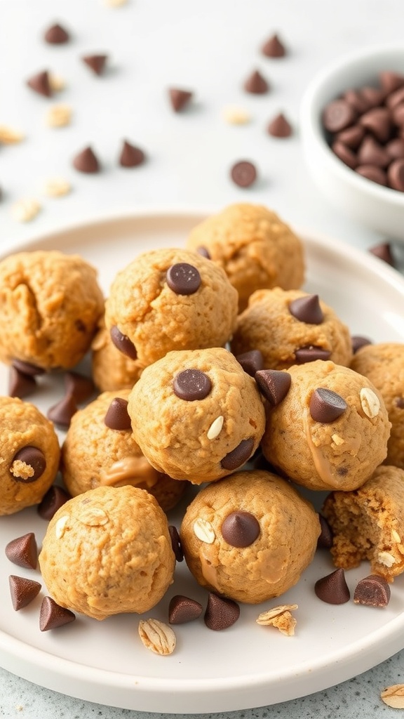 A plate of peanut butter protein balls with chocolate chips and oats