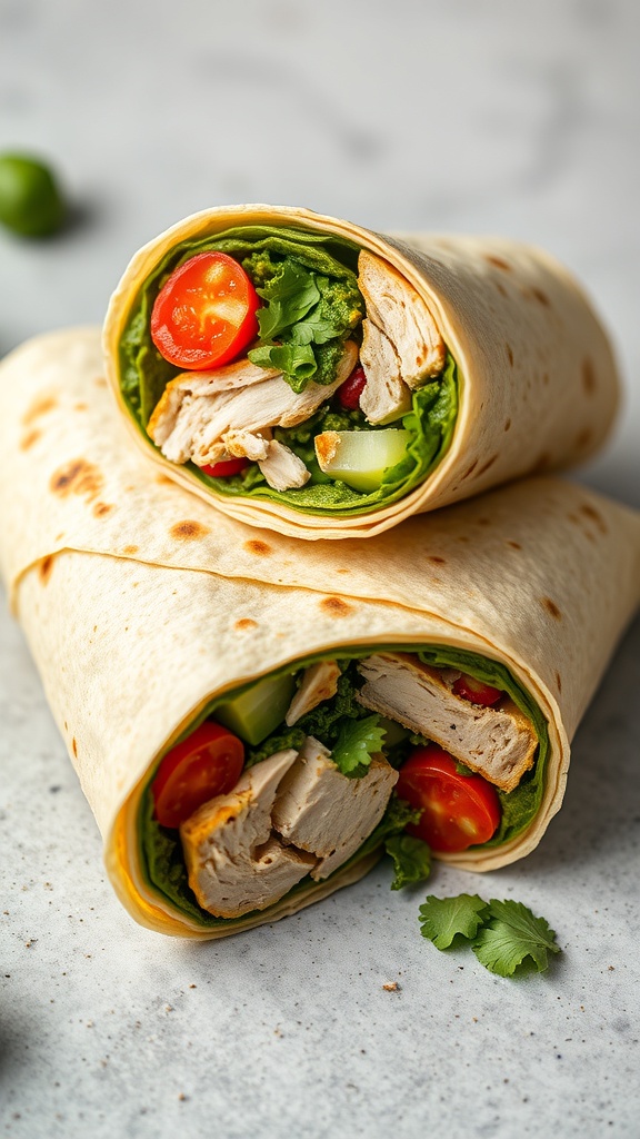 Two pesto chicken wraps filled with chicken, greens, and cherry tomatoes, neatly rolled and sliced.
