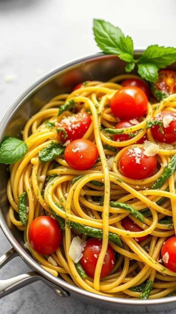 A delicious bowl of pesto pasta with cherry tomatoes and fresh basil.