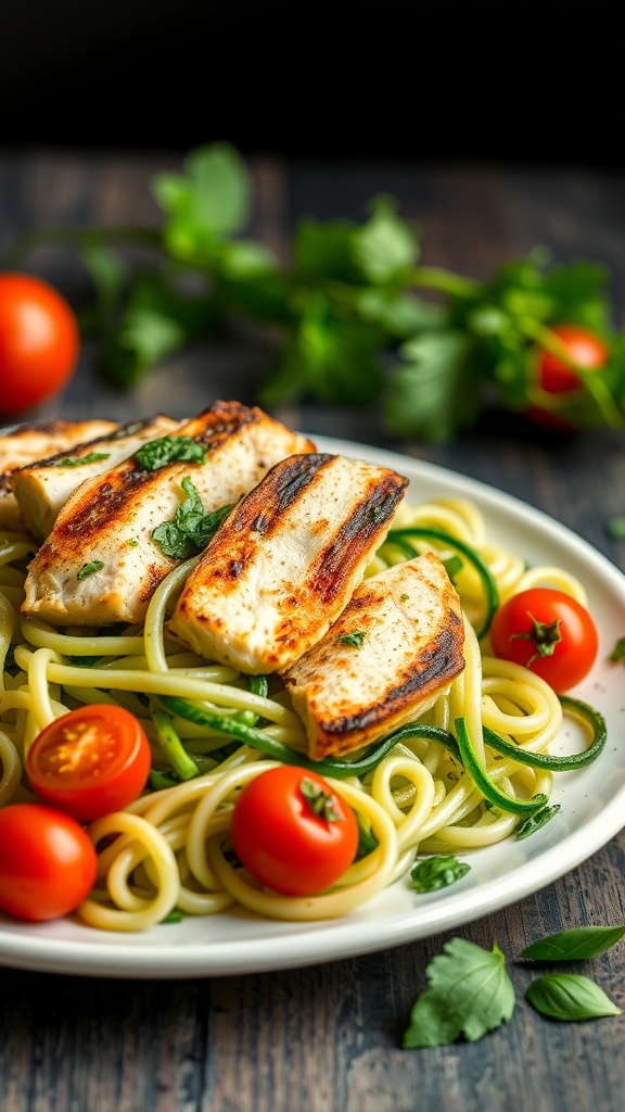 A plate of pesto zoodles topped with grilled chicken and cherry tomatoes, garnished with fresh herbs.