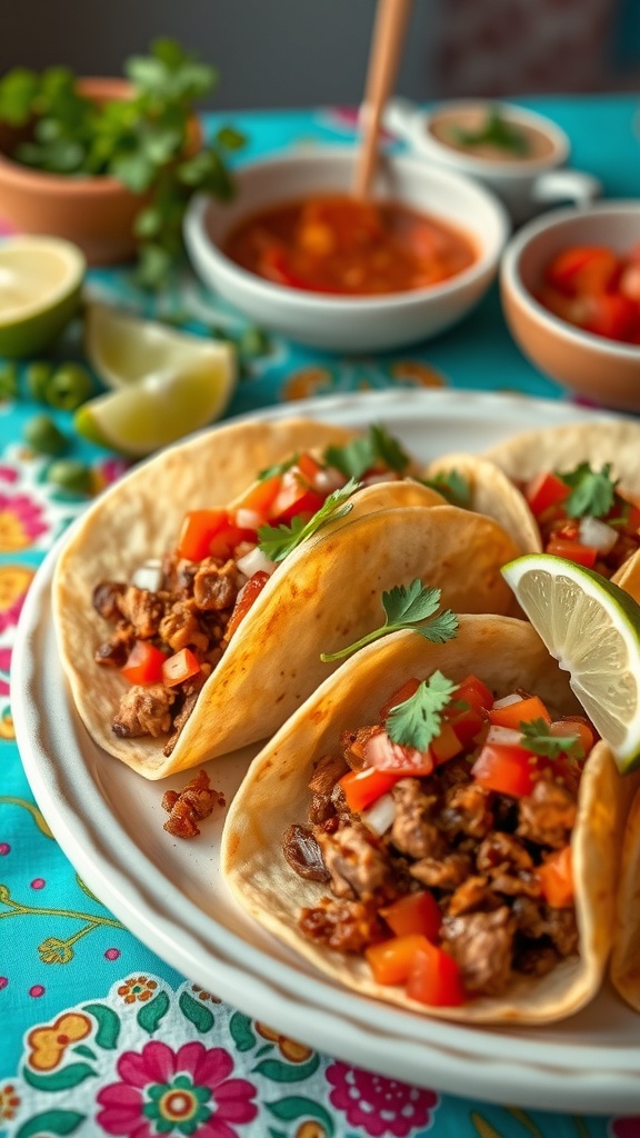 Delicious pork carnitas tacos with fresh toppings on a colorful tablecloth.