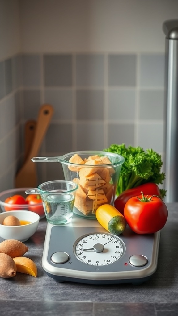 A kitchen scale with fresh ingredients for meal prep, including vegetables and eggs.