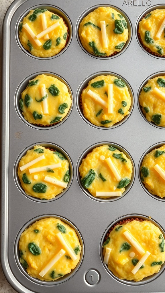 A muffin tin filled with protein-packed egg muffins topped with spinach and cheese.
