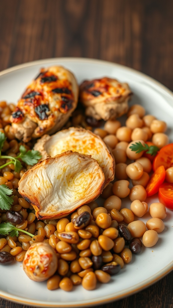 A plate of grilled chicken with a variety of beans and fresh tomatoes, showcasing a healthy meal prep option.