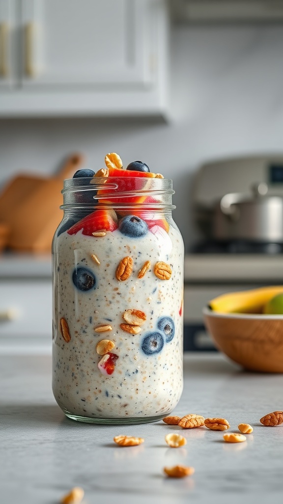 A jar of overnight oats topped with blueberries and sliced fruit, sitting on a kitchen counter.