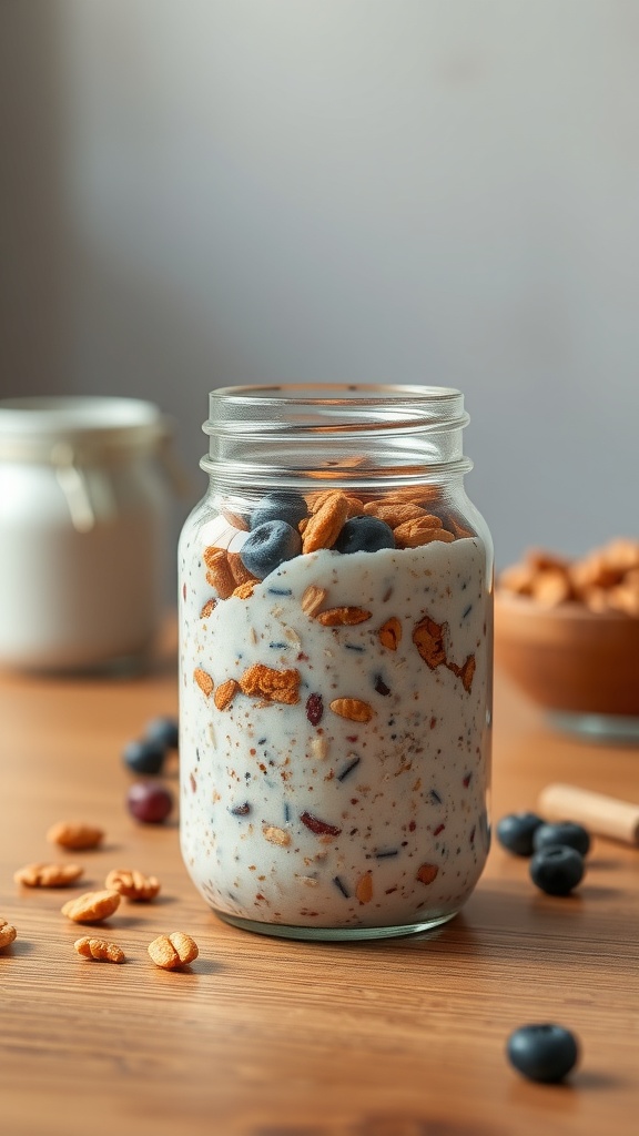 A jar of protein-packed overnight oats topped with blueberries and granola on a wooden table.