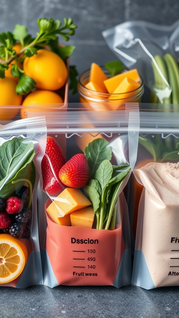 Colorful smoothie packs with fruits and spinach ready for meal prep.