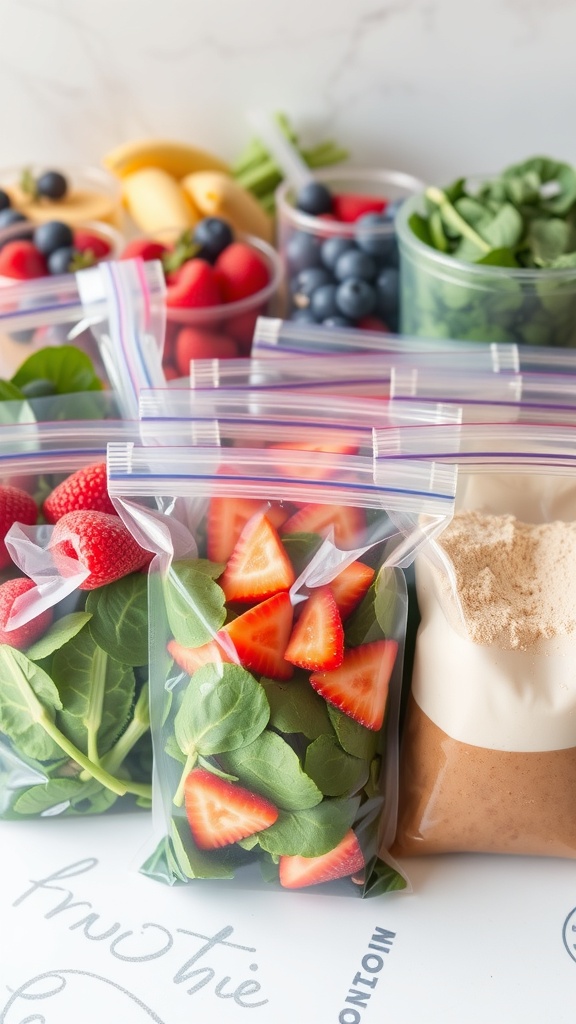 Colorful smoothie packs filled with fruits and spinach, ready for blending.