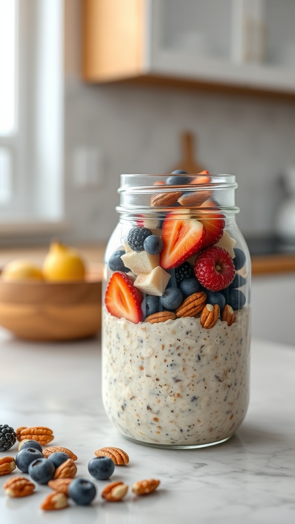 A jar of overnight oats topped with fresh fruits and nuts, set on a kitchen countertop.