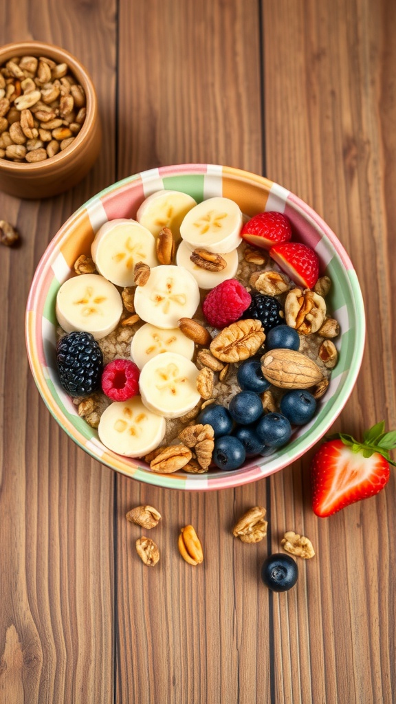 A colorful breakfast bowl with sliced bananas, mixed berries, and nuts on a wooden table.