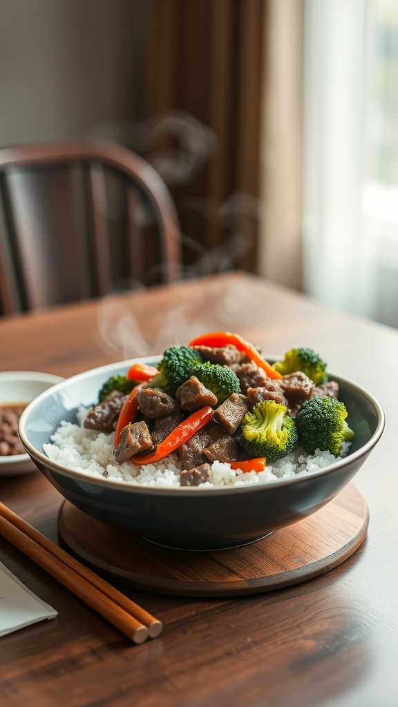 A bowl of beef and broccoli served over rice with steam rising, showcasing vibrant colors of the vegetables.