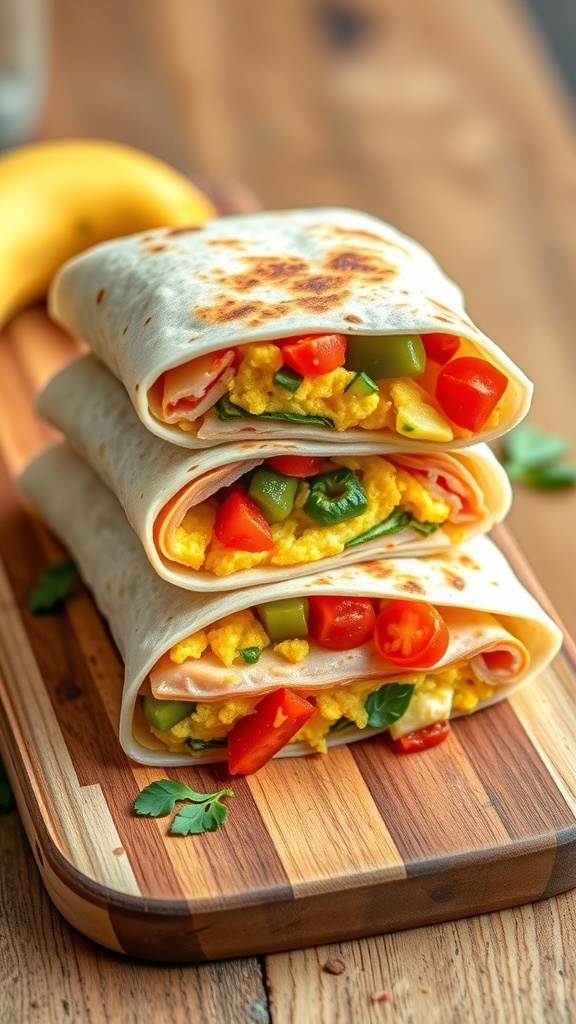 A stack of breakfast burritos filled with scrambled eggs, bell peppers, and tomatoes, served on a wooden cutting board.