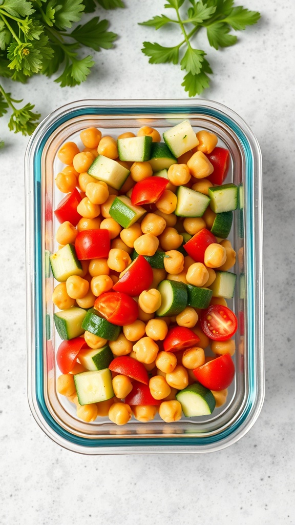 A colorful chickpea salad with diced cucumbers, cherry tomatoes, and bell peppers in a glass container.