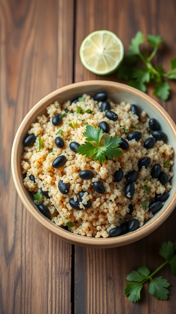 A bowl of quinoa and black bean salad garnished with cilantro and lime.
