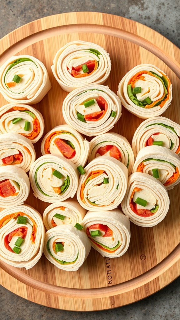 Colorful turkey and cheese wraps neatly arranged on a wooden platter.