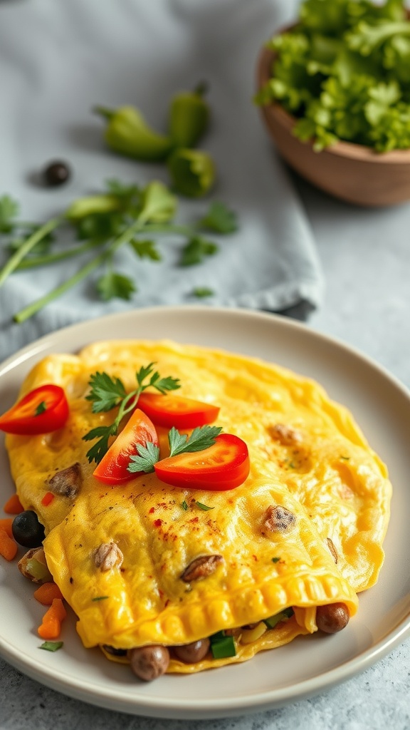 A colorful veggie omelette on a plate, garnished with cherry tomatoes and herbs.