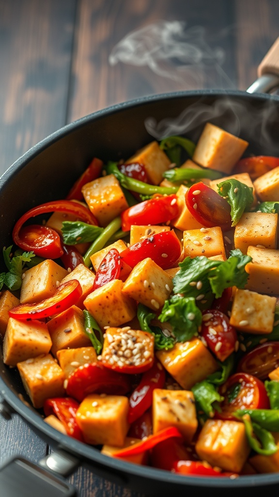 A colorful veggie stir-fry with tofu in a pan, featuring red bell peppers, green spinach, and golden tofu cubes.