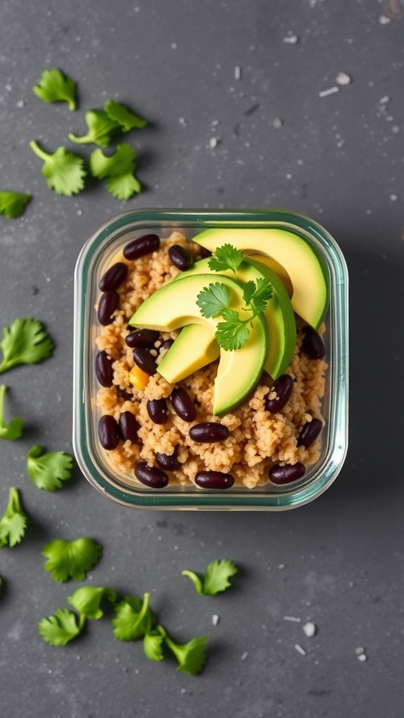 A quinoa and black bean bowl topped with avocado slices and cilantro, placed in a glass container.