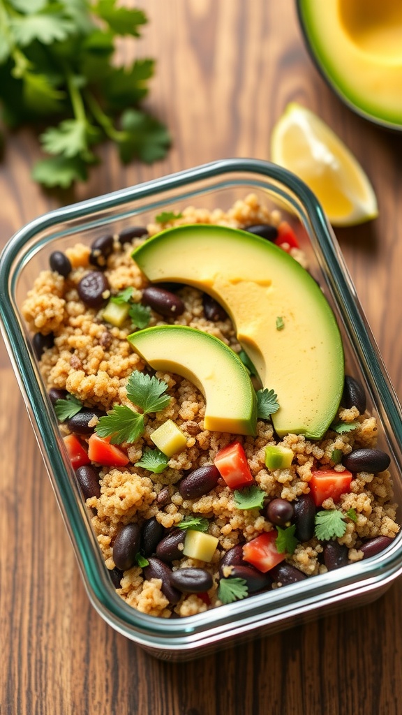 A colorful quinoa and black bean bowl with avocado slices, tomatoes, and cilantro.