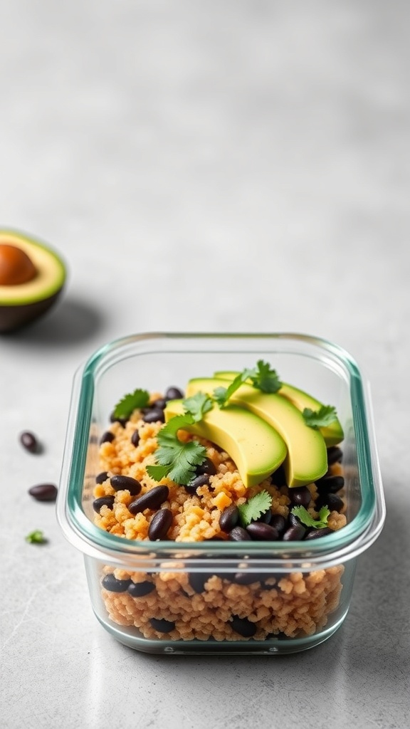 A glass container filled with quinoa, black beans, avocado slices, and cilantro, with an avocado half in the background.