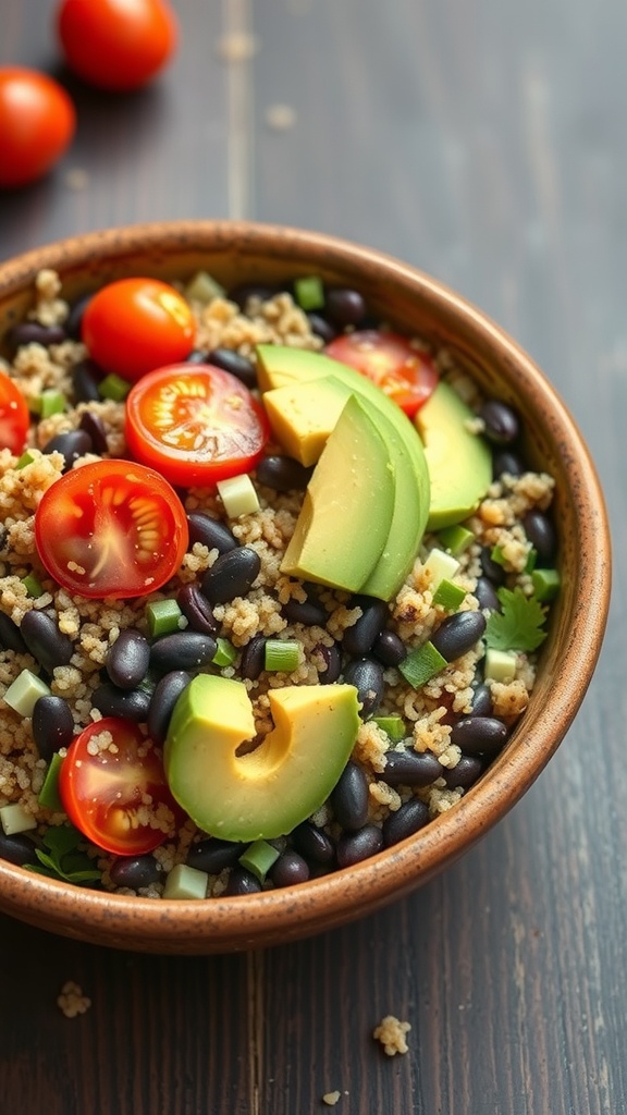 A colorful quinoa and black bean salad with tomatoes and avocado in a bowl.