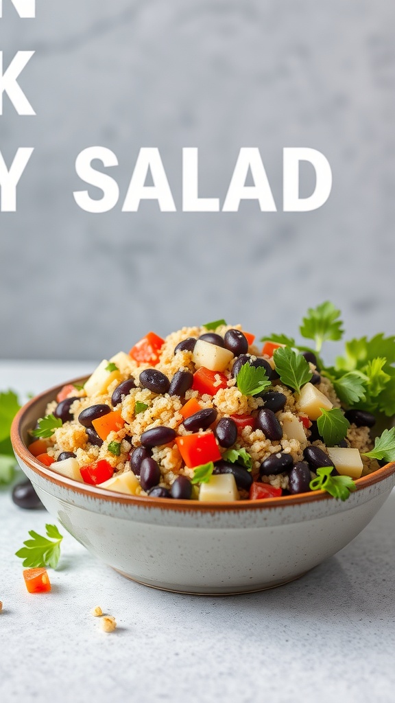 A bowl of quinoa and black bean salad with colorful vegetables