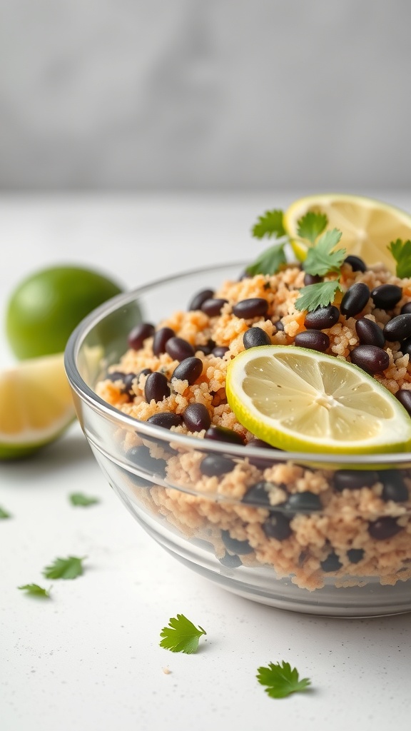 A bowl of quinoa and black bean salad garnished with lime slices and cilantro.