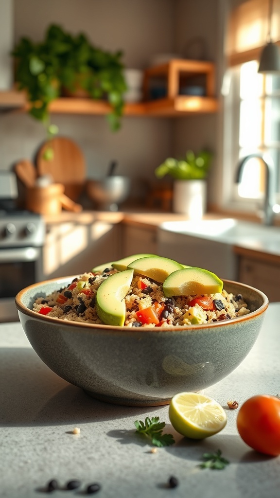 A bowl of quinoa and black bean salad topped with green apple slices, set in a bright kitchen.
