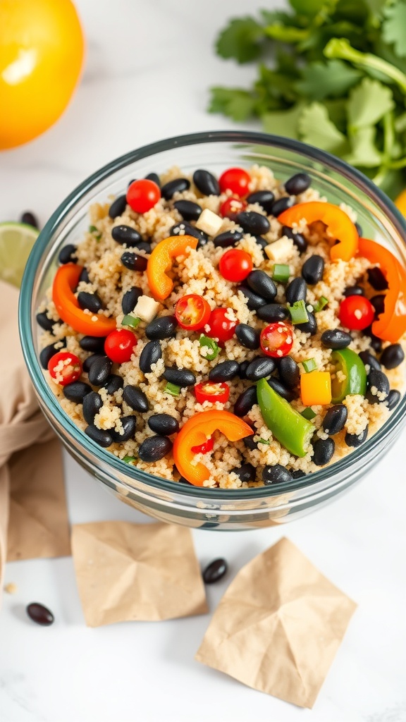 A colorful bowl of quinoa and black bean salad with cherry tomatoes, bell peppers, and cilantro.