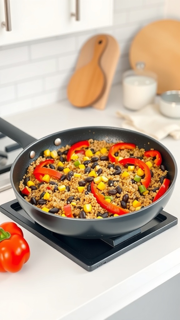 A colorful quinoa and black bean stir-fry in a black pan on a white countertop.