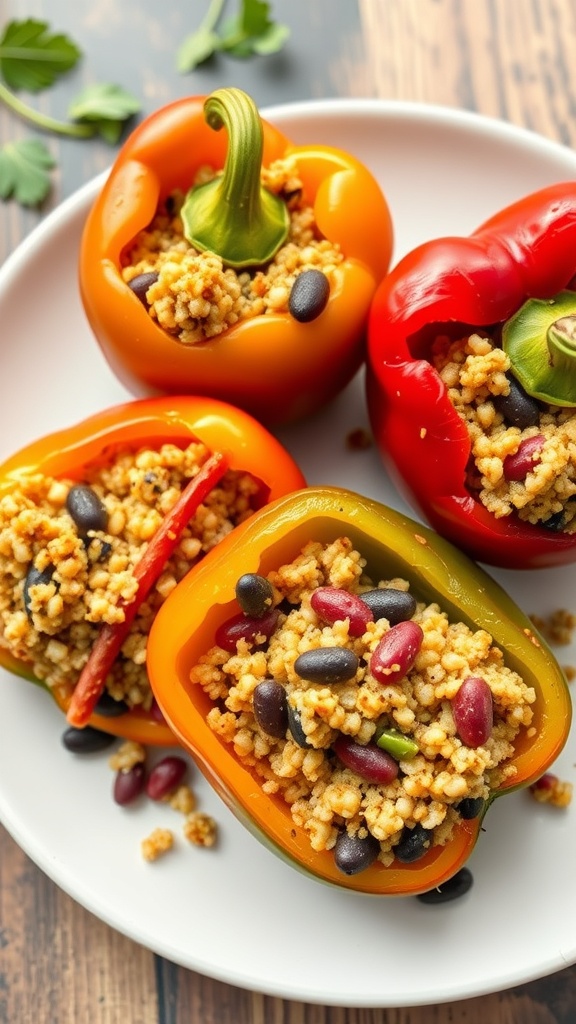 Colorful quinoa and black bean stuffed peppers on a plate, showcasing a healthy meal prep option.
