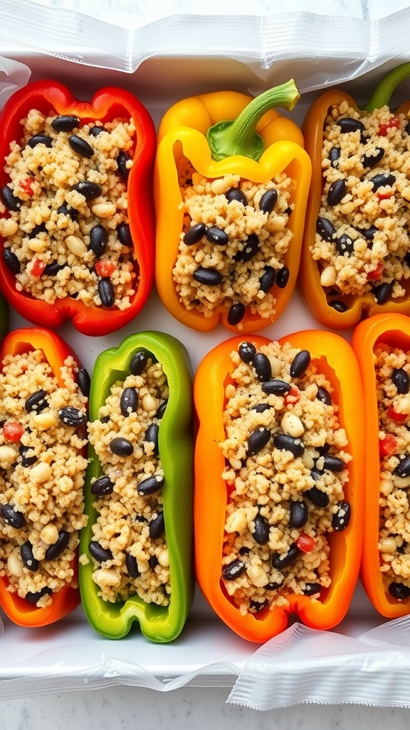 Colorful quinoa and black bean stuffed peppers ready for meal prep.