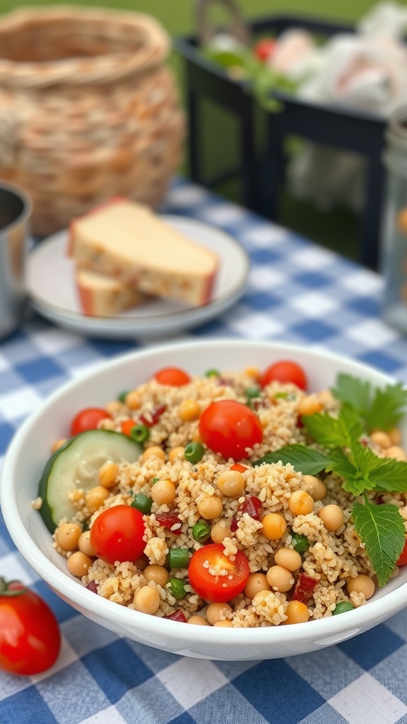 A bowl of quinoa salad with chickpeas, cherry tomatoes, and cucumbers on a picnic table.