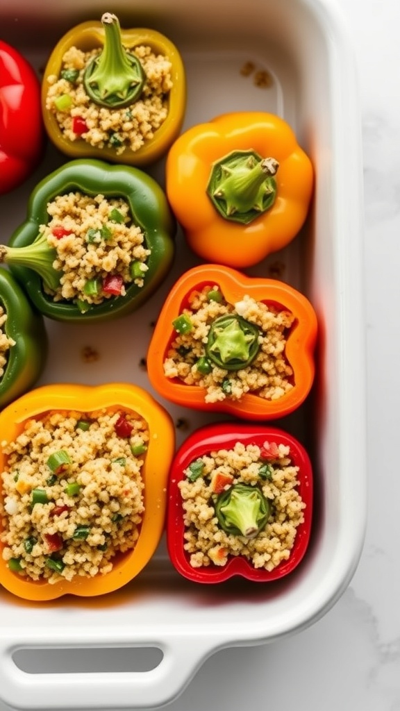 Colorful bell peppers stuffed with quinoa and vegetables, ready for meal prep.