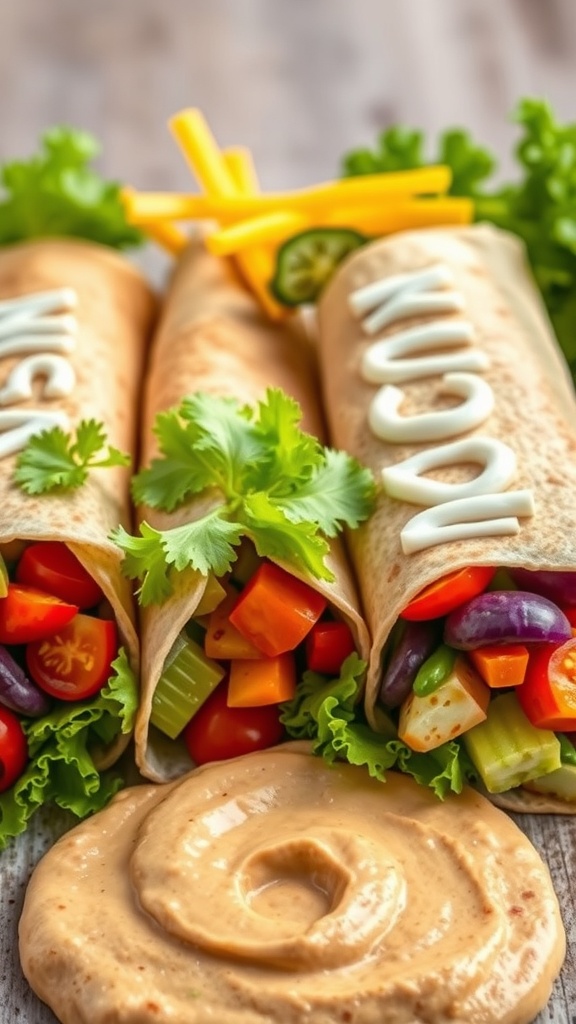 Colorful rainbow veggie wraps filled with fresh vegetables and served with hummus.