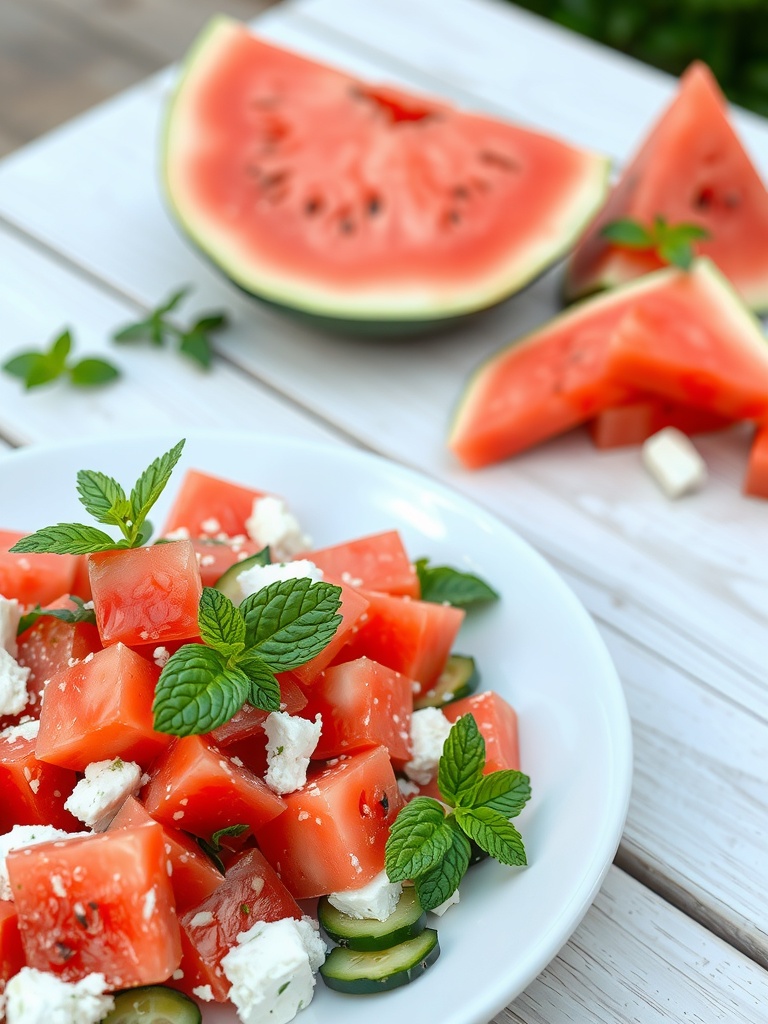 A refreshing watermelon and feta salad with mint leaves on a white plate, with slices of watermelon in the background.