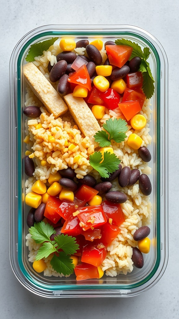 A colorful rice and bean burrito bowl with black beans, corn, and diced tomatoes.