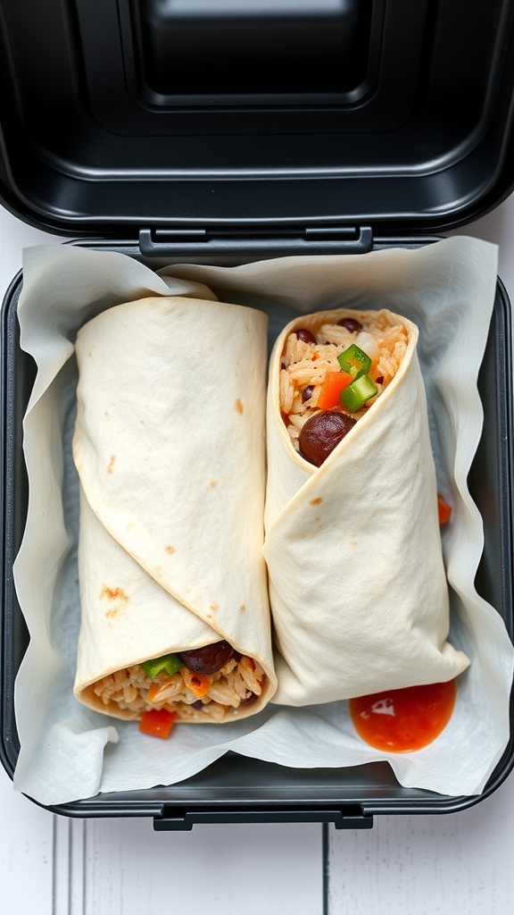 Two rice and bean burrito wraps in a lunchbox, ready for a quick meal.