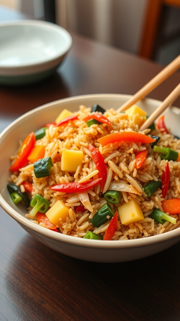 A bowl of colorful rice and veggie stir-fry with chopsticks