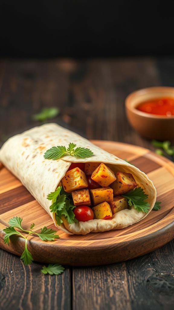 A roasted vegetable and hummus wrap on a wooden plate with fresh herbs and a side of dipping sauce.